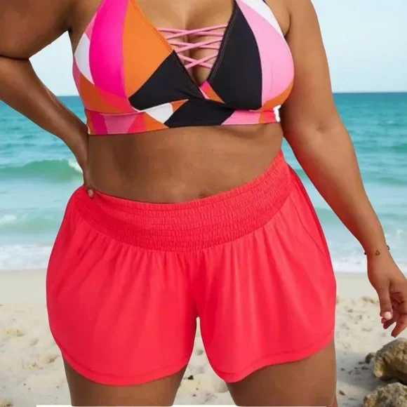 TORRID Swim Shorts CoverUp Sheer Neon-Coral Mesh Smocked Waist Flowy NWT Size 2X - Picture 6 of 11